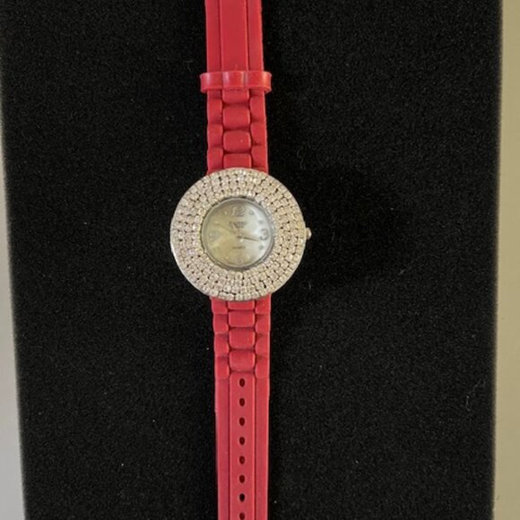 FICARO COUTURE Dark Red Silicone Band White Mother Of Pearl Dial Crystal - Picture 6 of 8